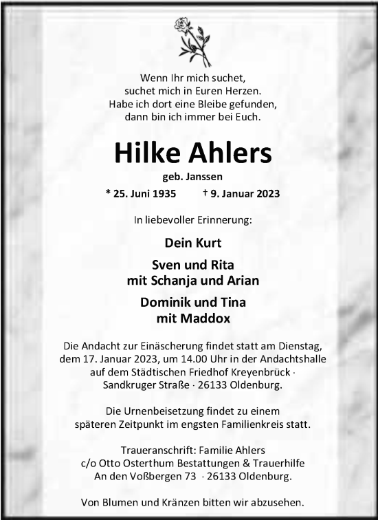 Traueranzeige von Hilke Ahlers von Nordwest-Zeitung