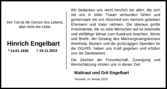 Traueranzeige von Hinrich Engelbart von Nordwest-Zeitung