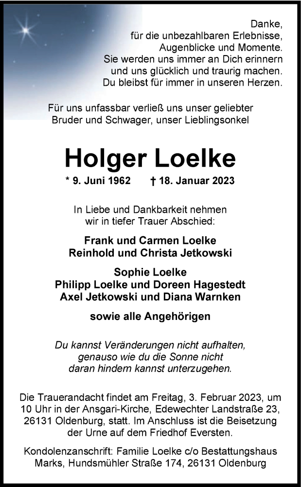  Traueranzeige für Holger Loelke vom 28.01.2023 aus Nordwest-Zeitung