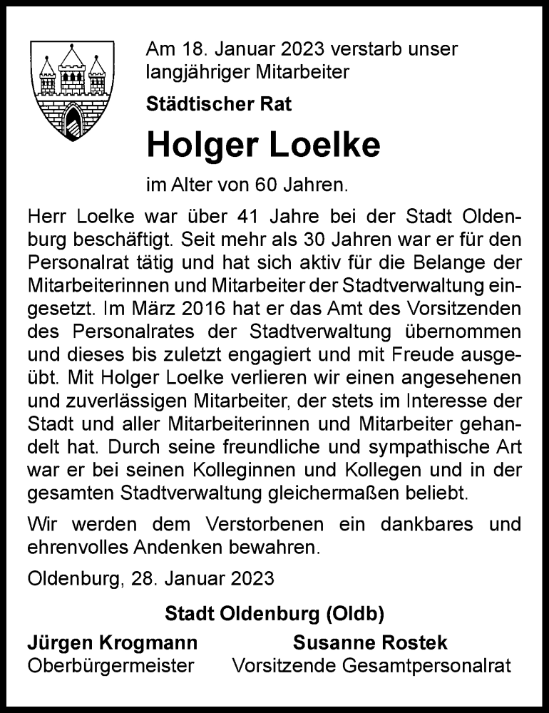  Traueranzeige für Holger Loelke vom 28.01.2023 aus Nordwest-Zeitung