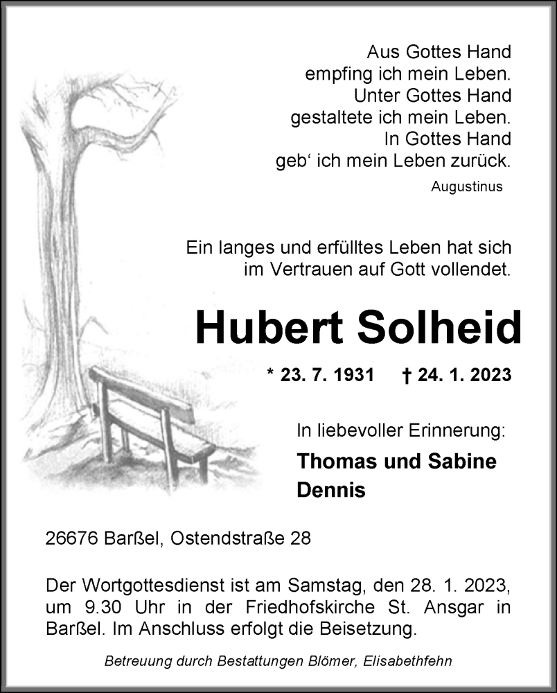  Traueranzeige für Hubert Solheid vom 26.01.2023 aus Nordwest-Zeitung