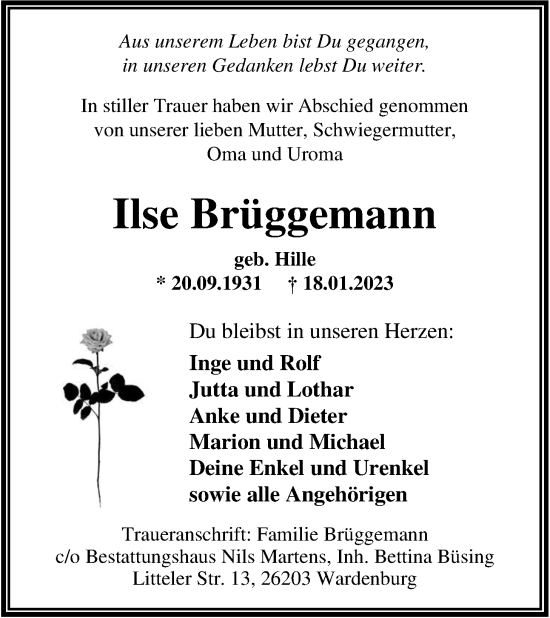 Traueranzeige von Ilse Brüggemann von Nordwest-Zeitung