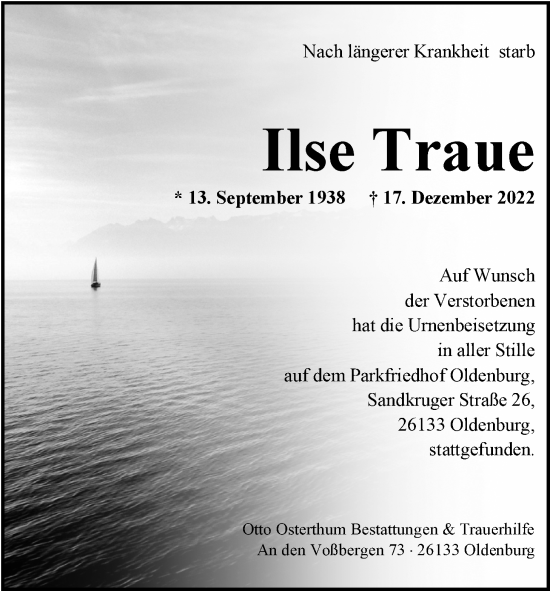 Traueranzeige von Ilse Traue von Nordwest-Zeitung