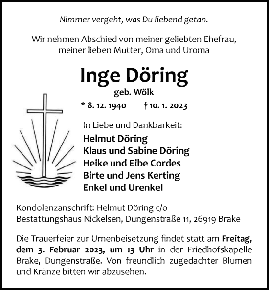 Traueranzeige von Inge Döring von Nordwest-Zeitung