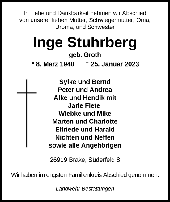 Traueranzeige von Inge Stuhrberg von Nordwest-Zeitung