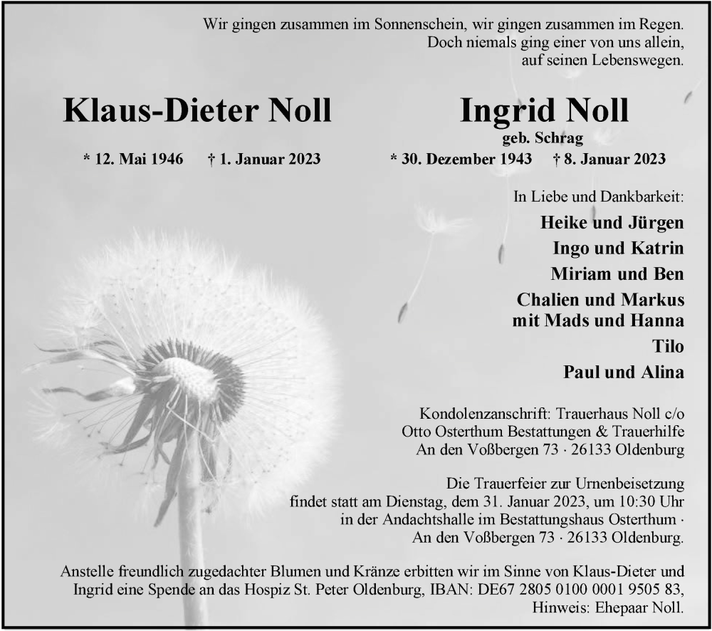  Traueranzeige für Ingrid Noll vom 28.01.2023 aus Nordwest-Zeitung