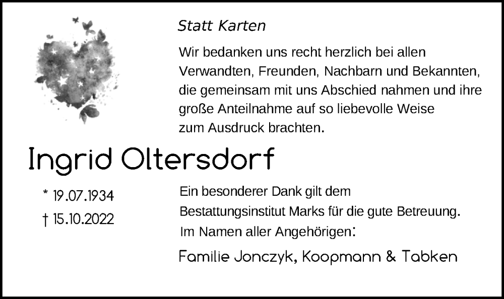  Traueranzeige für Ingrid Oltersdorf vom 21.01.2023 aus Nordwest-Zeitung