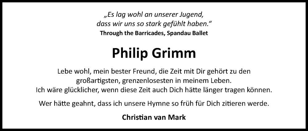  Traueranzeige für Jan Philip Grimm vom 28.01.2023 aus Nordwest-Zeitung