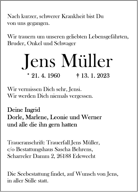 Traueranzeige von Jens Müller von Nordwest-Zeitung