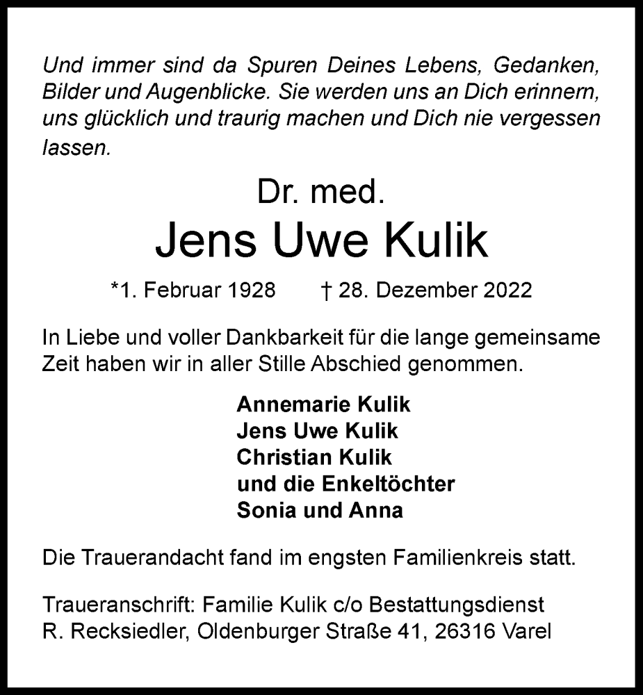  Traueranzeige für Jens Uwe Kulik vom 24.01.2023 aus Nordwest-Zeitung