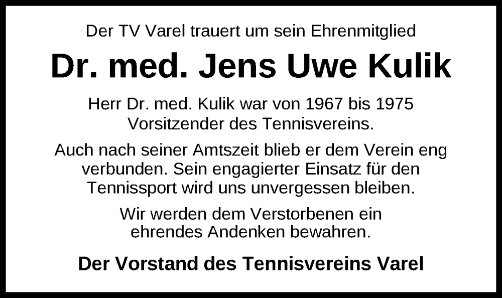  Traueranzeige für Jens Uwe Kulik vom 26.01.2023 aus Nordwest-Zeitung