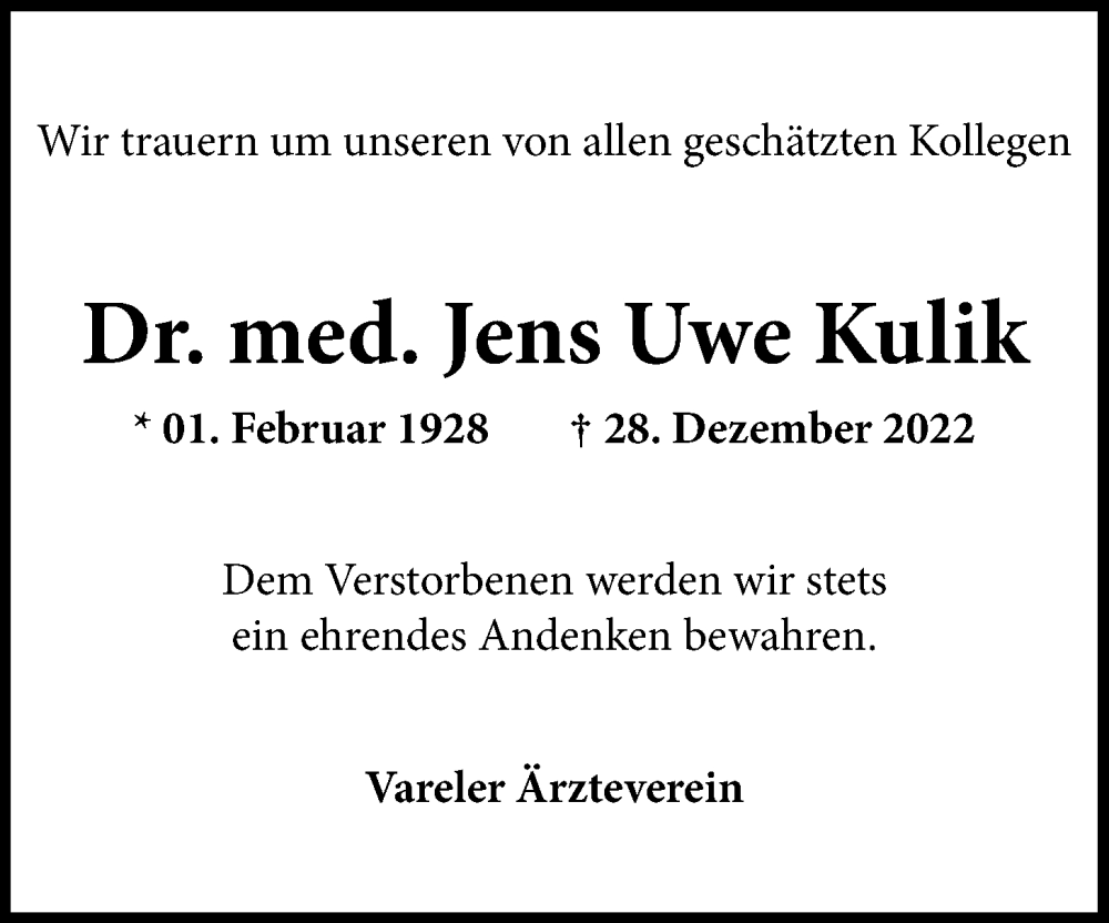  Traueranzeige für Jens Uwe Kulik vom 27.01.2023 aus Nordwest-Zeitung