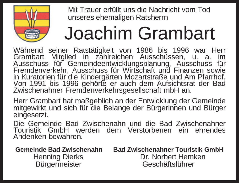  Traueranzeige für Joachim Grambart vom 07.01.2023 aus Nordwest-Zeitung