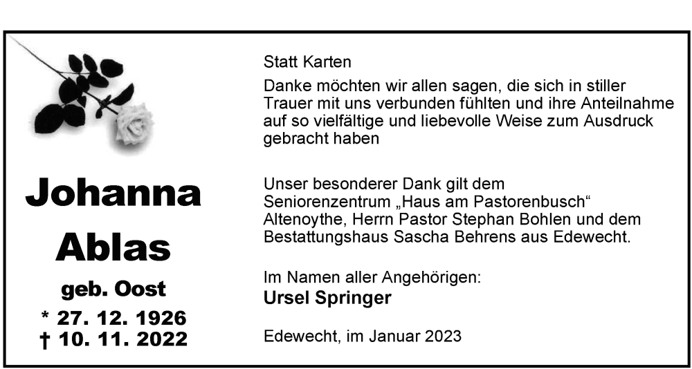  Traueranzeige für Johanna Ablas vom 25.01.2023 aus Nordwest-Zeitung