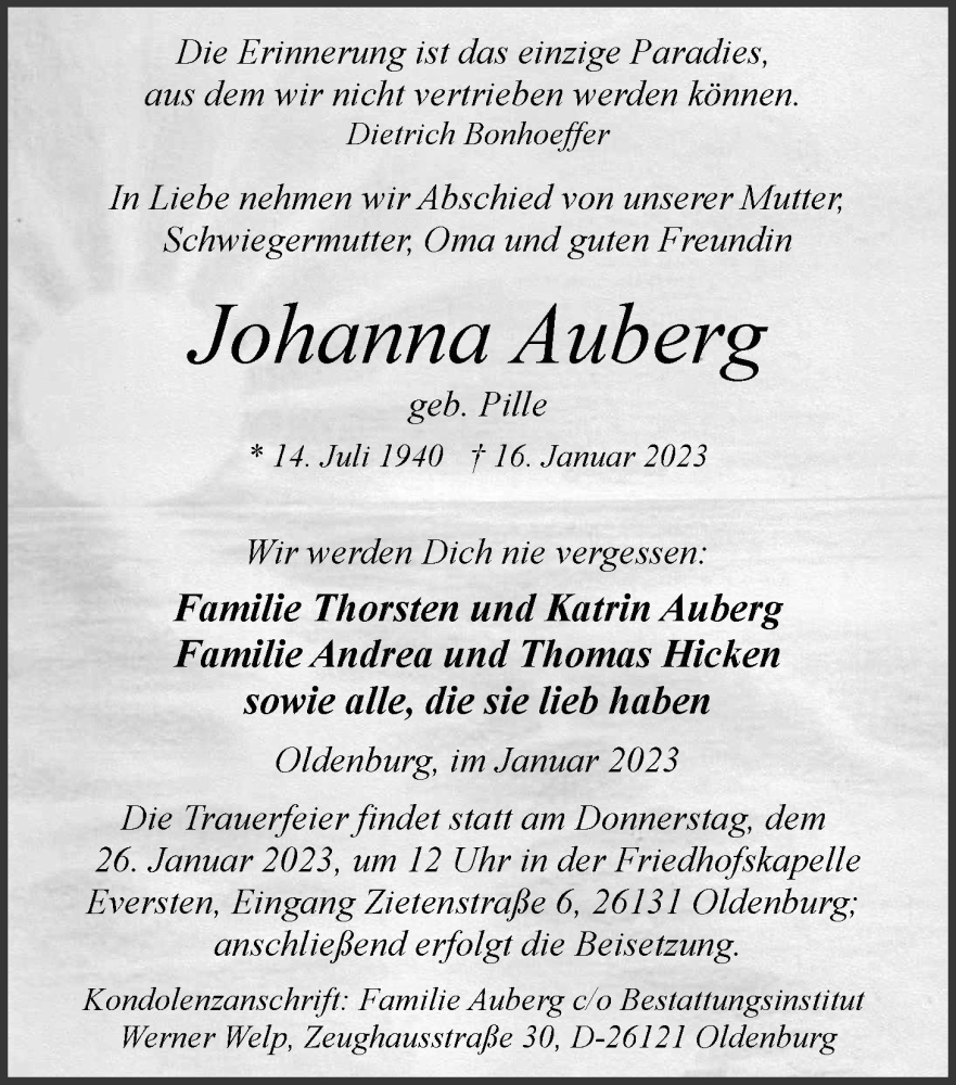  Traueranzeige für Johanna Auberg vom 21.01.2023 aus Nordwest-Zeitung