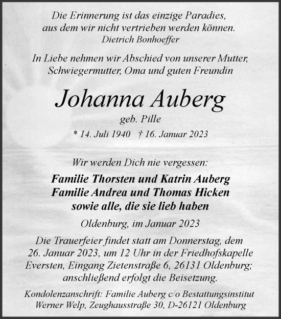 Traueranzeige von Johanna Auberg von Nordwest-Zeitung
