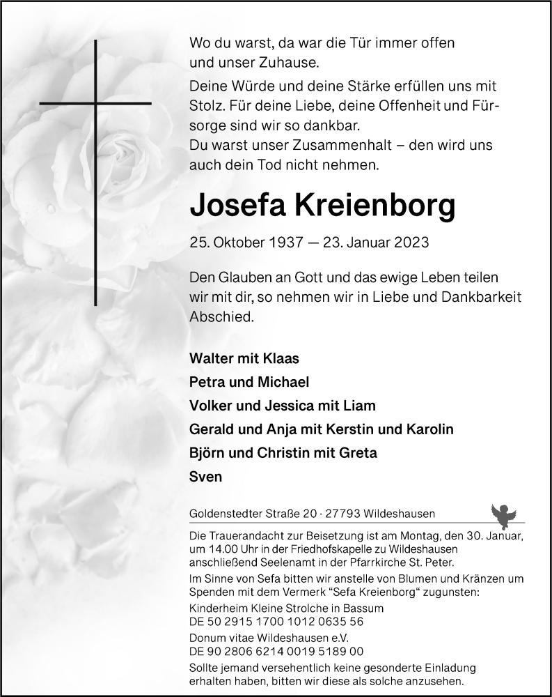  Traueranzeige für Josefa Kreienborg vom 26.01.2023 aus Nordwest-Zeitung