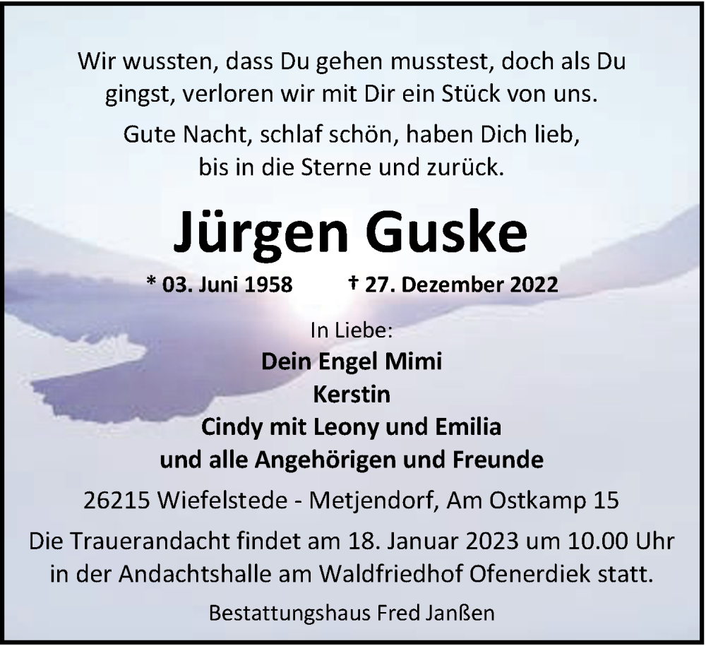  Traueranzeige für Jürgen Guske vom 04.01.2023 aus Nordwest-Zeitung