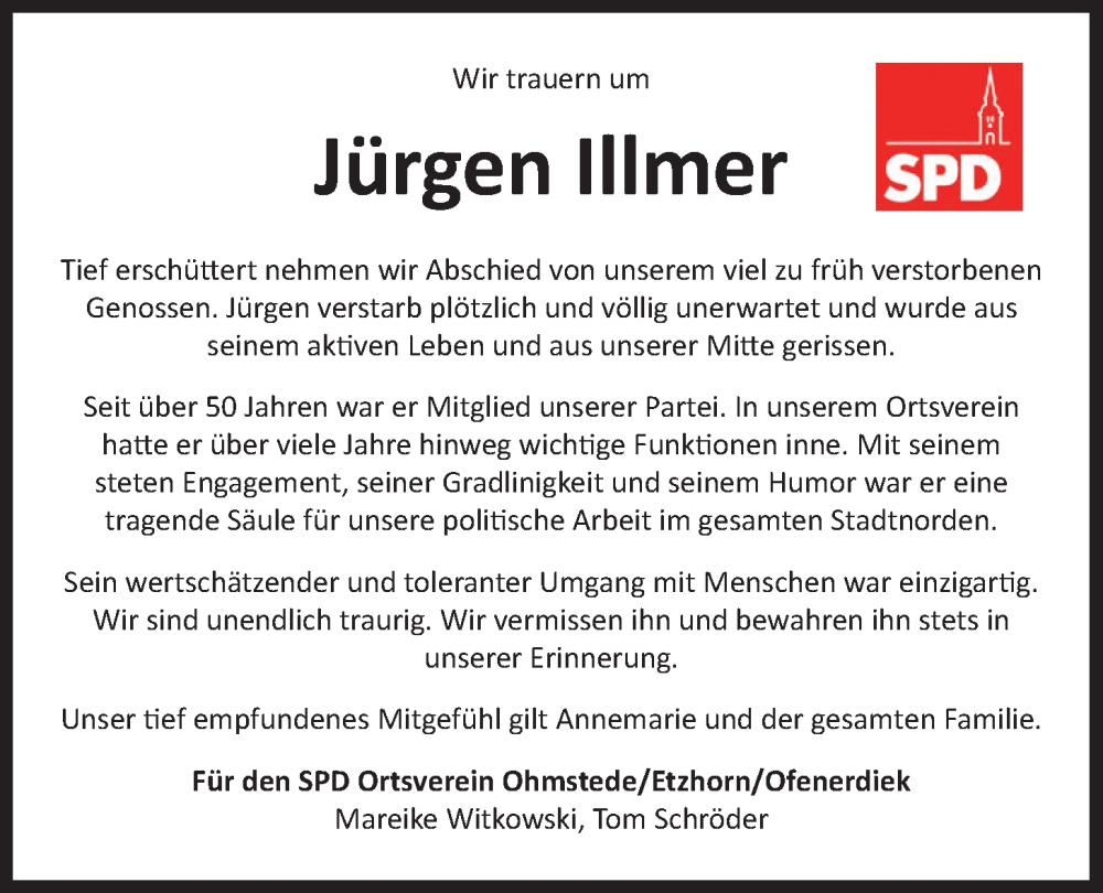  Traueranzeige für Jürgen Illmer vom 21.01.2023 aus Nordwest-Zeitung
