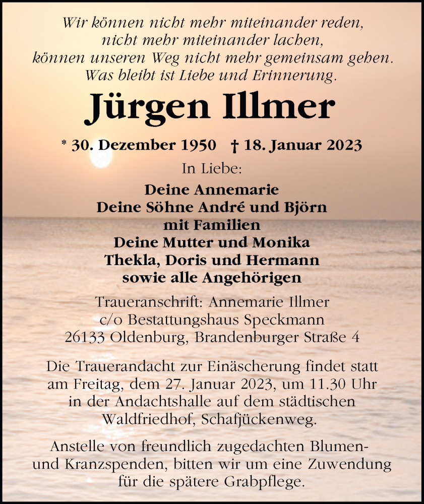  Traueranzeige für Jürgen Illmer vom 21.01.2023 aus Nordwest-Zeitung