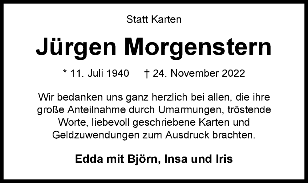  Traueranzeige für Jürgen Morgenstern vom 14.01.2023 aus Nordwest-Zeitung