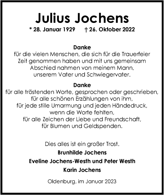 Traueranzeige von Julius Jochens von Nordwest-Zeitung