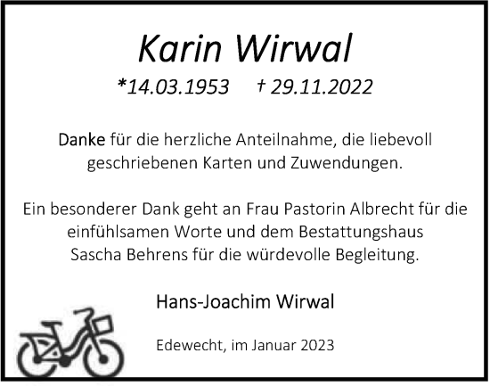 Traueranzeige von Karin Wirwal von Nordwest-Zeitung