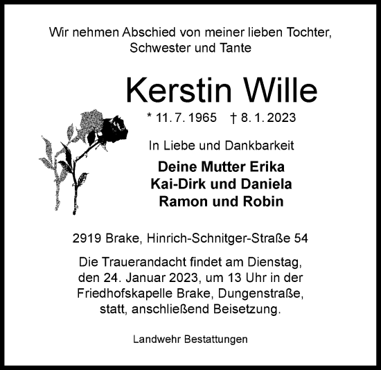 Traueranzeige von Kerstin Wille von Nordwest-Zeitung