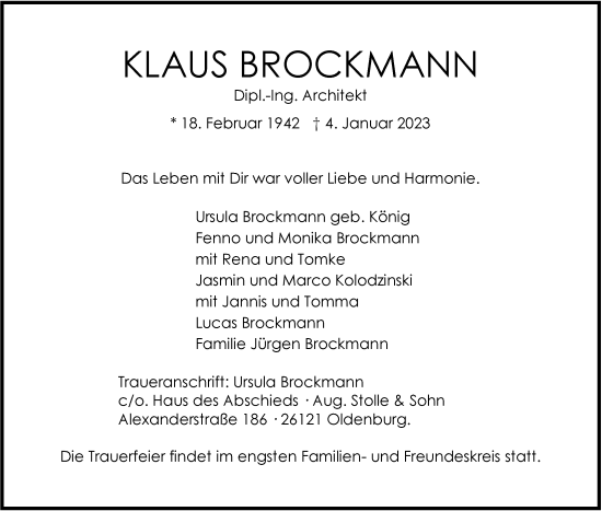 Traueranzeige von Klaus Brockmann von Nordwest-Zeitung