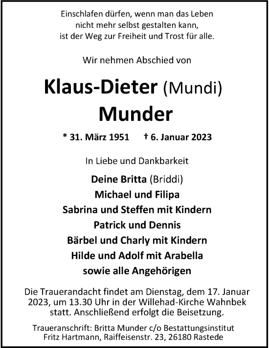Traueranzeige von Klaus-Dieter Munder von Nordwest-Zeitung