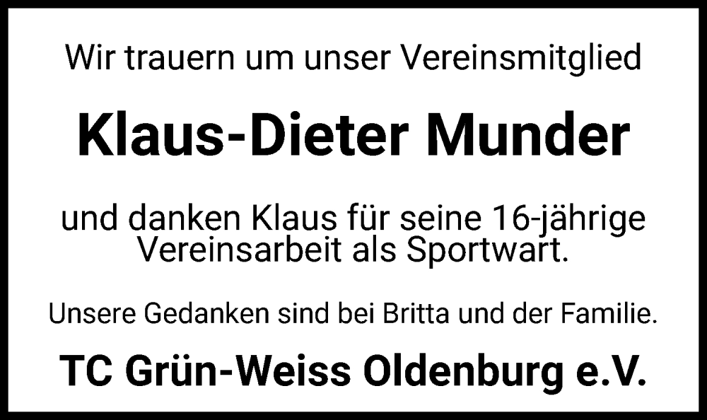  Traueranzeige für Klaus-Dieter Munder vom 14.01.2023 aus Nordwest-Zeitung
