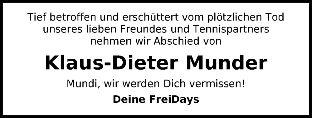  Traueranzeige für Klaus-Dieter Munder vom 14.01.2023 aus Nordwest-Zeitung