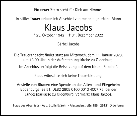 Traueranzeige von Klaus Jacobs von Nordwest-Zeitung