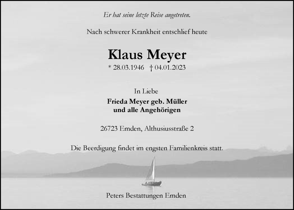 Traueranzeigen Von Klaus Meyer | Nordwest-trauer.de