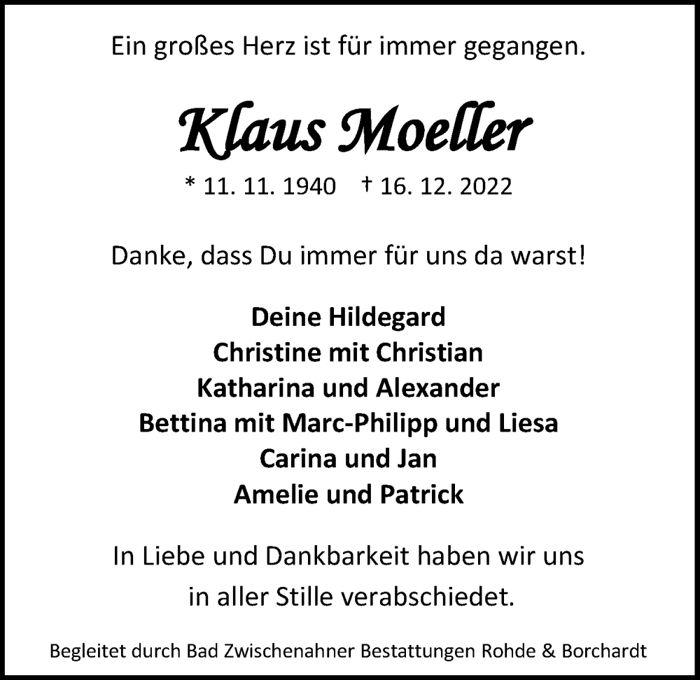  Traueranzeige für Klaus Moeller vom 07.01.2023 aus Nordwest-Zeitung