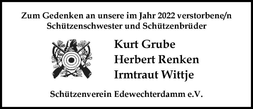  Traueranzeige für Kurt Grube vom 14.01.2023 aus Nordwest-Zeitung