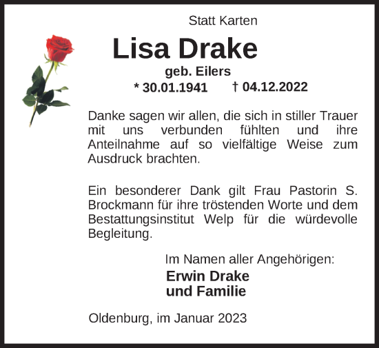Traueranzeige von Lisa Drake von Nordwest-Zeitung