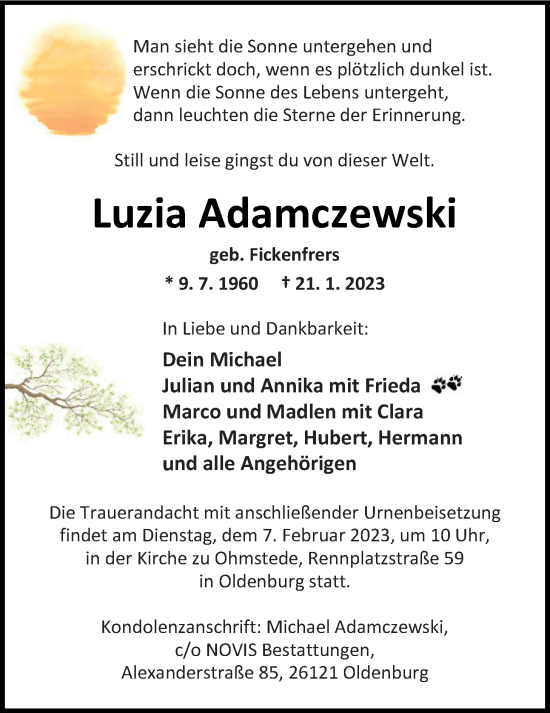 Traueranzeige von Luzia Adamczewski von Nordwest-Zeitung