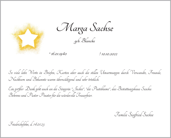 Traueranzeige von Marga Sachse von Nordwest-Zeitung