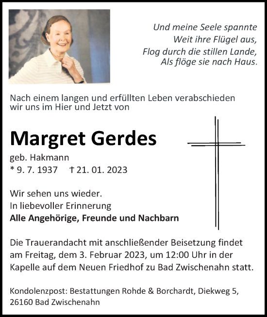 Traueranzeige von Margret Gerdes von Nordwest-Zeitung