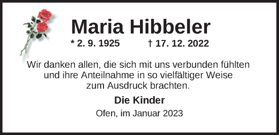 Traueranzeige von Maria Hibbeler von Nordwest-Zeitung