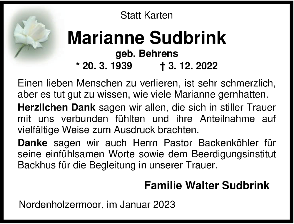  Traueranzeige für Marianne Sudbrink vom 21.01.2023 aus Nordwest-Zeitung