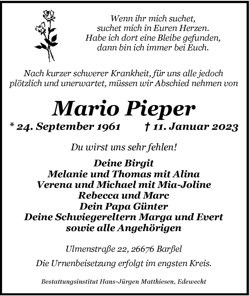  Traueranzeige für Mario Pieper vom 17.01.2023 aus Nordwest-Zeitung