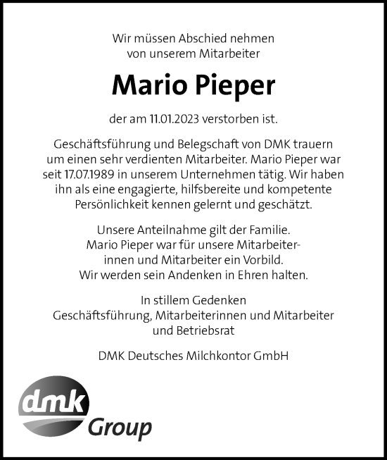 Traueranzeige von Mario Pieper von Nordwest-Zeitung