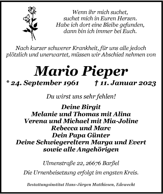 Traueranzeige von Mario Pieper von Nordwest-Zeitung