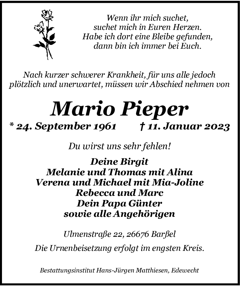  Traueranzeige für Mario Pieper vom 14.01.2023 aus Nordwest-Zeitung