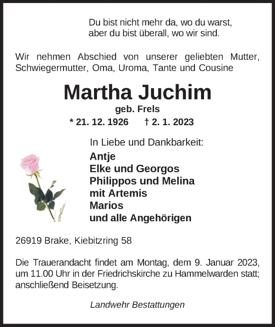 Traueranzeige von Martha Juchim von Nordwest-Zeitung