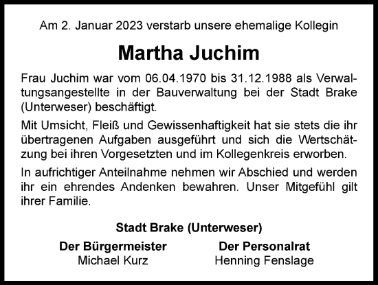 Traueranzeige von Martha Juchim von Nordwest-Zeitung