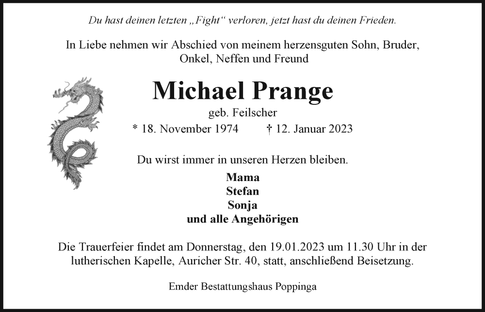  Traueranzeige für Michael Prange vom 18.01.2023 aus Emder Zeitung