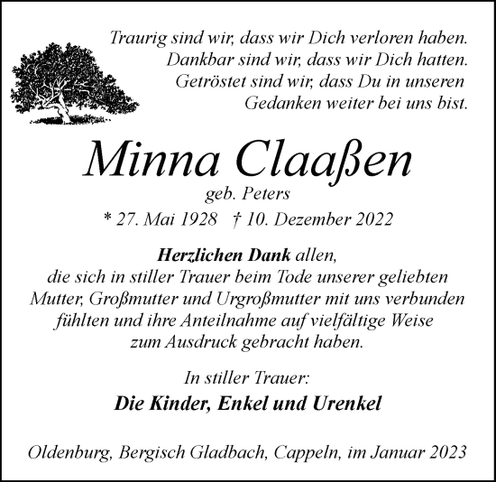 Traueranzeige von Minna Claaßen von Nordwest-Zeitung